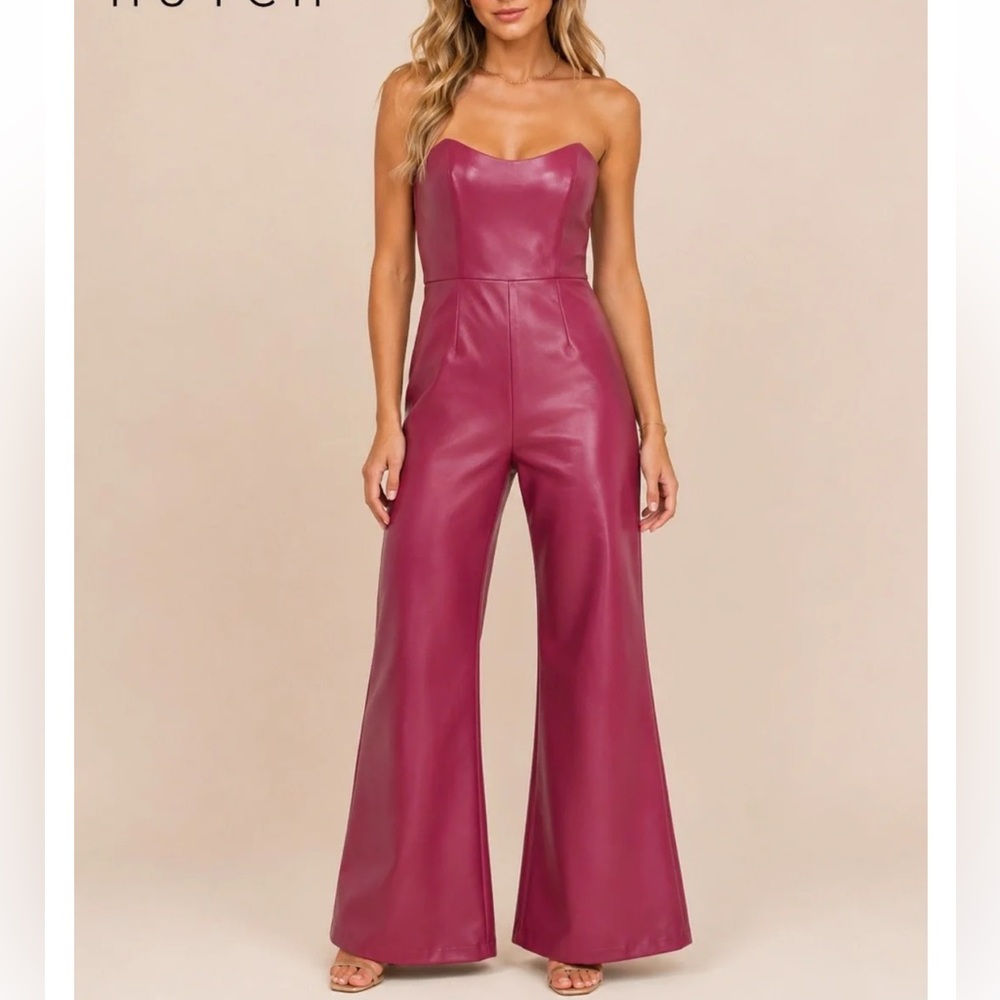 Hutch Strapless Wide-Leg Faux Leather Jumpsuit - Berry size 10 NWOT